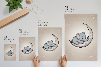 Lámina artística de alta calidad Un lindo elefante en la luna rodeado de estrellas.