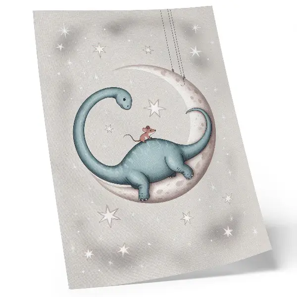 Póster de dinosaurio en la luna con estrellas y espacio en tonos pastel y colores saturados