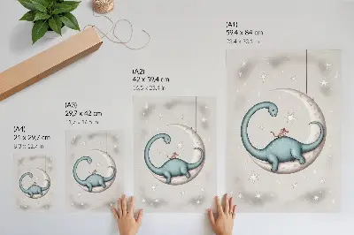 Póster de dinosaurio en la luna con estrellas y espacio en tonos pastel y colores saturados