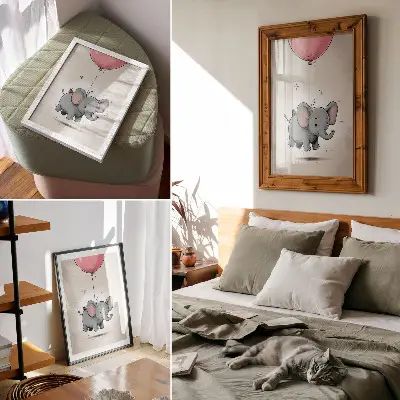 Lienzo decorativo moderno elefante con globo en color rosa con motivo de alegría infantil