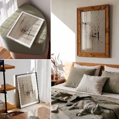 Lienzo decorativo moderno con fondo beige y líneas negras de estilo minimalista abstracto