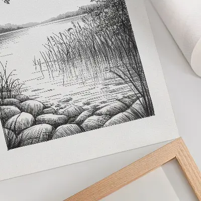 Lienzo decorativo moderno paisaje de lago con hojas y piedras en armonía y silencio