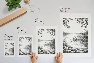 Lienzo decorativo moderno paisaje de lago con hojas y piedras en armonía y silencio
