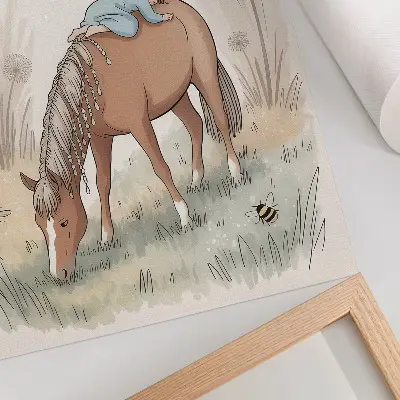 Póster con diseño de caballito bebé y dientes de león en tonos pastel cálidos