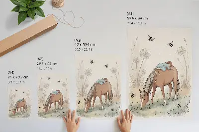 Póster con diseño de caballito bebé y dientes de león en tonos pastel cálidos
