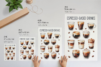 Póster con colores saturados Elegantes tazas llenas de espresso y café con leche.