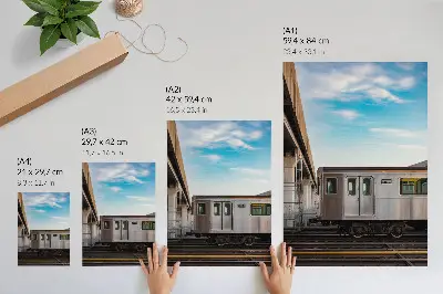 Póster de tren moderno sobre puente con cielo azul y un gato con colores saturados