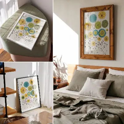 Lienzo decorativo moderno con diseño de círculos coloridos y líneas finas