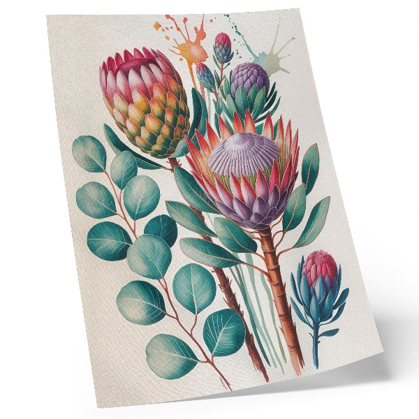 Póster Flores exóticas de protea y hojas verdes
