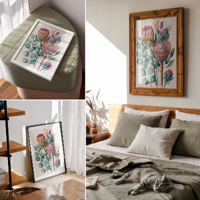 Póster Flores exóticas de protea y hojas verdes