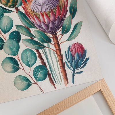 Póster Flores exóticas de protea y hojas verdes