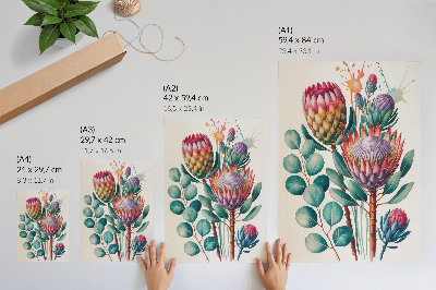 Póster Flores exóticas de protea y hojas verdes
