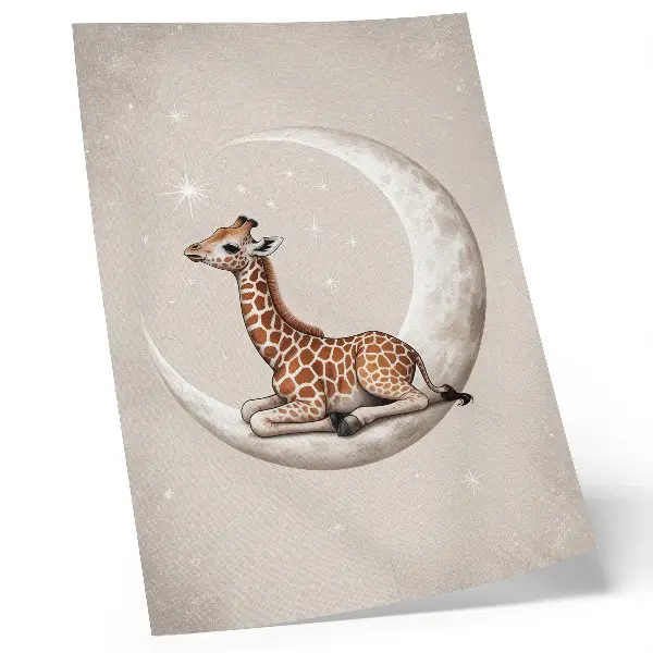 Póster de jirafa en la luna con colores saturados y estrellas