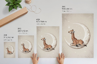 Póster de jirafa en la luna con colores saturados y estrellas