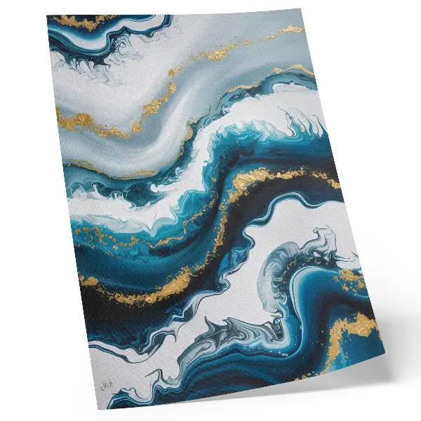 Lienzo decorativo moderno con diseño de ondas turquesas y detalles dorados