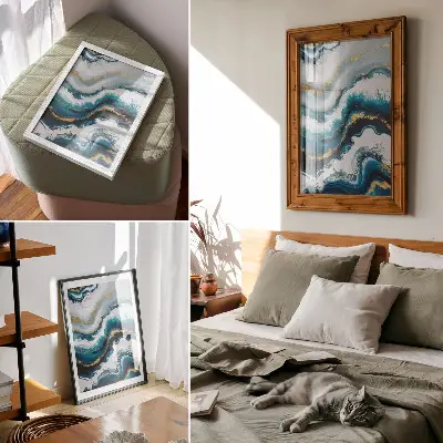 Lienzo decorativo moderno con diseño de ondas turquesas y detalles dorados
