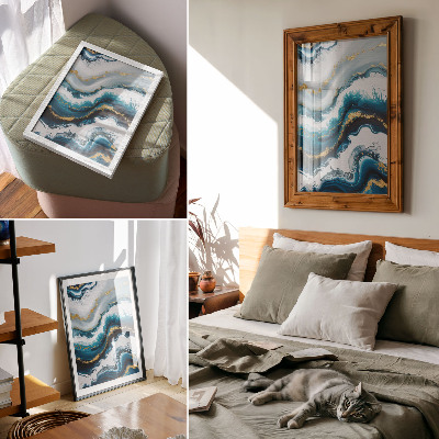 Lienzo decorativo moderno Ondas turquesas con detalles dorados y modernidad.