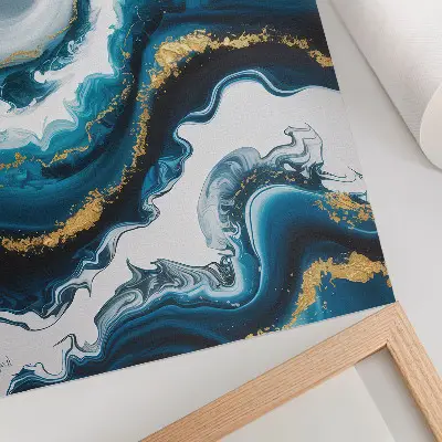 Lienzo decorativo moderno con diseño de ondas turquesas y detalles dorados