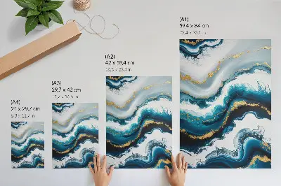Lienzo decorativo moderno con diseño de ondas turquesas y detalles dorados
