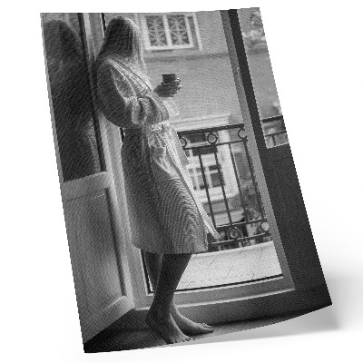 Póster con colores saturados Persona en la ventana, taza de café, paz.