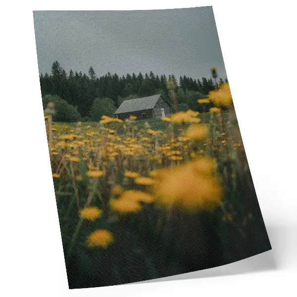 Póster de cabaña rústica en el bosque con flores amarillas y efecto de desenfoque en colores saturados