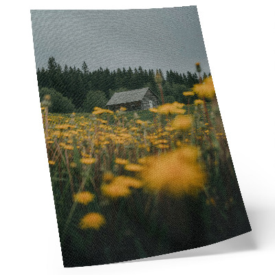 Póster con colores saturados Cabaña rústica, bosque, flores amarillas, desenfoque