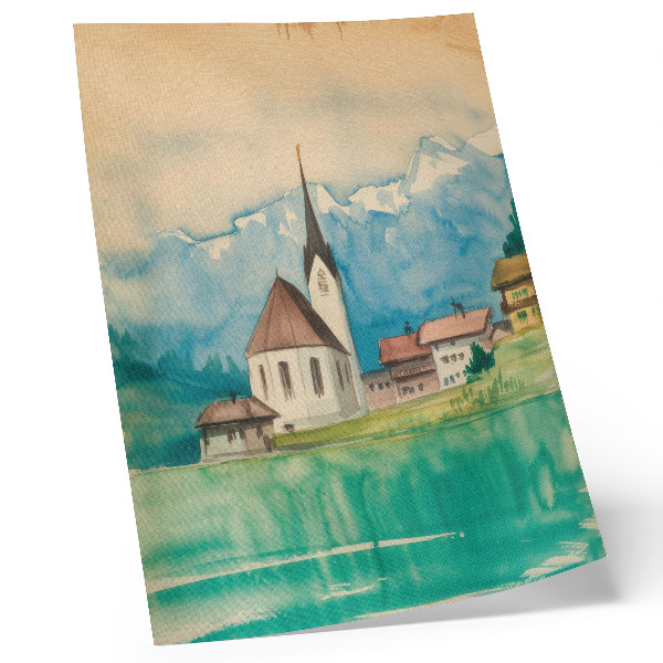 Lienzo decorativo moderno Iglesia en las montañas acuarela paz naturaleza