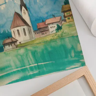 Lienzo decorativo moderno cuadro de iglesia en las montañas con estilo acuarela de paz y naturaleza