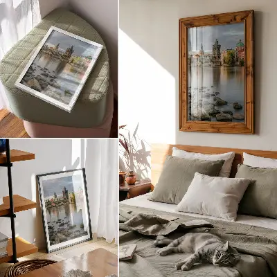 Lienzo decorativo moderno con un panorama pintoresco de la ciudad y el puente sobre el río