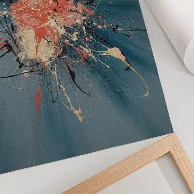 Póster azul dinámico con detalles en rosa, negro y crema