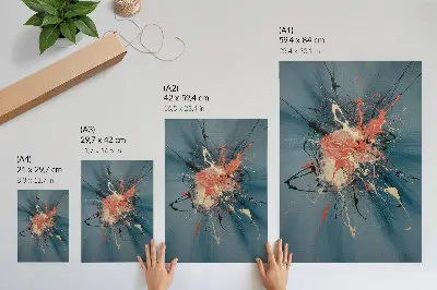Póster azul dinámico con detalles en rosa, negro y crema
