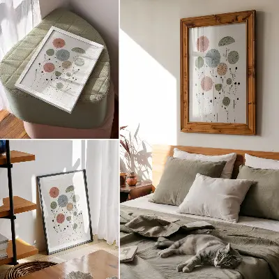 Póster con diseño de flores geométricas en tonos pastel