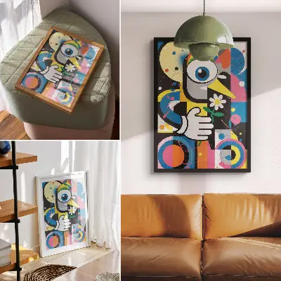 Póster de abstracción geométrica con colores vivos y contrastes saturados