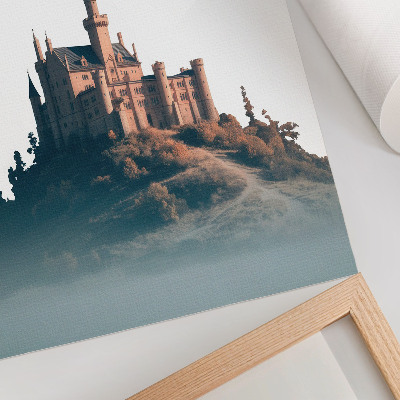 Póster castillo en una colina con niebla y texto