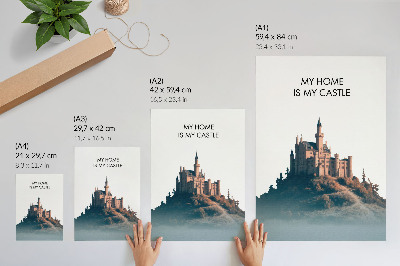 Póster castillo en una colina con niebla y texto