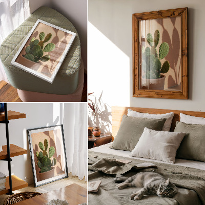 Póster Cactus en maceta, sombras, colores delicados, relajante.