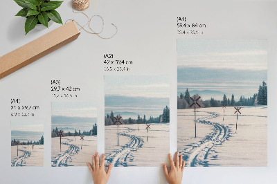 Póster Paisaje invernal, pistas de esquí, montañas, árboles, cielo