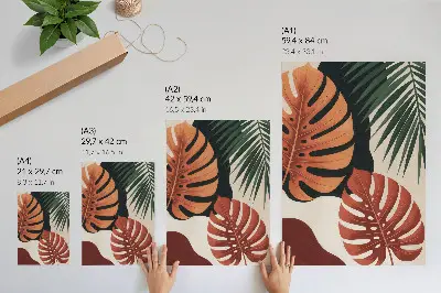 Póster con diseño de hojas tropicales en colores vivos y estilo moderno