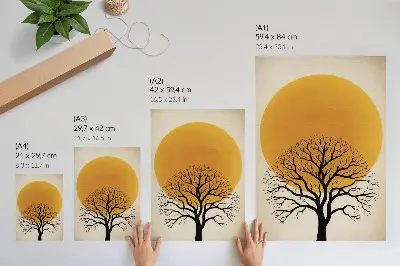 Póster de árbol con colores saturados sobre un gran círculo en tonos cálidos