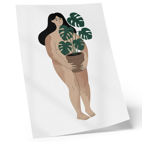 Póster con colores saturados Mujer con una maceta, elegancia, minimalismo, paz.
