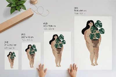 Póster con colores saturados Mujer con una maceta, elegancia, minimalismo, paz.