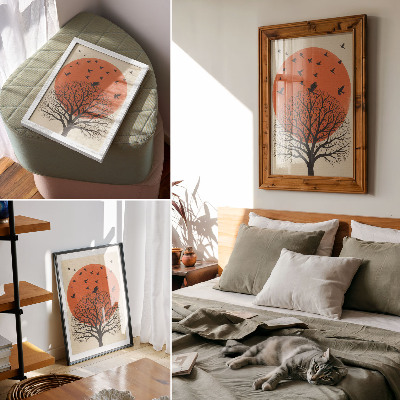 Lámina artística de alta calidad Pájaros, árbol, sol, motivo, estilo minimalista