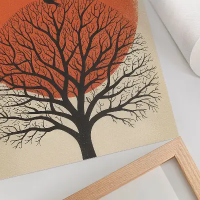 Lámina artística de alta calidad con motivos de pájaros, árbol y sol en estilo minimalista