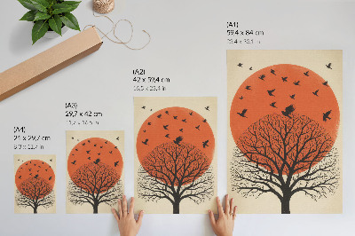 Lámina artística de alta calidad Pájaros, árbol, sol, motivo, estilo minimalista