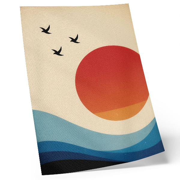 Póster Abstracción gran sol olas azules pájaros