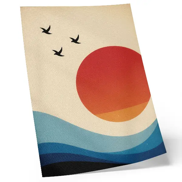 Póster con diseño abstracto de sol grande olas azules y pájaros