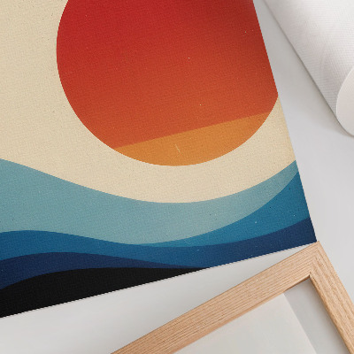 Póster Abstracción gran sol olas azules pájaros