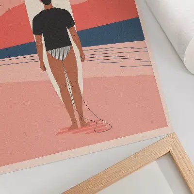Póster con diseño de tabla de surf en la playa con temática de mar, paz y relajación