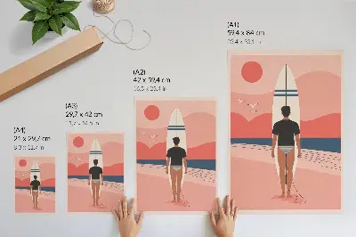 Póster con diseño de tabla de surf en la playa con temática de mar, paz y relajación