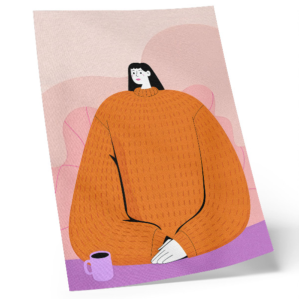 Lámina artística de alta calidad Imagen de un personaje con un suéter naranja sobre un fondo rosa.